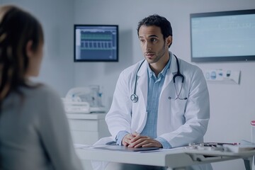 Aufkleber - A doctor in a lab coat is attentively examining a patient in a bright, modern clinic setting, using a stethoscope for assessment. Generative AI