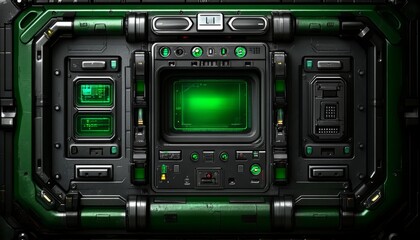 Futuristic Control Panel with Green Lights and Displays