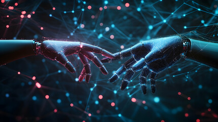 Human and robot hands connecting on a backdrop of digital data, futuristic AI and machine learning concept,