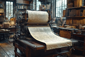 Poster - An Enlightenment-era printing press in operation, producing books and pamphlets that spread new ideas. Concept of communication and intellectual revolution.