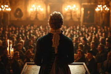 Aufkleber - An Enlightenment philosopher delivering a speech to an attentive audience in a candlelit salon, discussing new ideas and reason. Concept of intellectual advancement and debate.