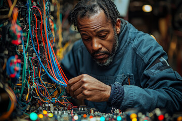 A technician adjusting a maze of colorful wires to fix a complex circuit, illustrating inventive technical problem resolution. Concept of electronics and problem-solving.