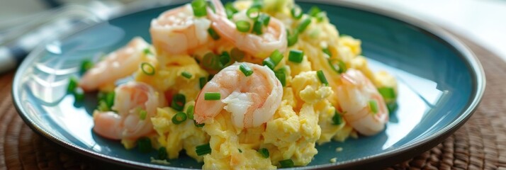 Wall Mural - Scrambled Eggs with Shrimp and Scallions on a Plate