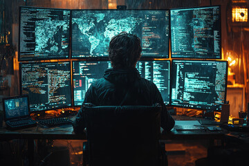 Poster - A software developer coding a complex program, surrounded by multiple screens displaying lines of code. Concept of programming skills and logical thinking.