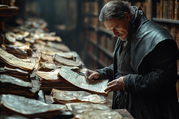 Poster - a renaissance scholar writing in a dimly lit library surrounded by ancient manuscripts and maps. con