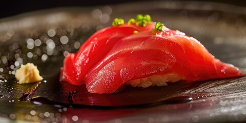 Poster - Close up of Japanese sashimi seafood fish chu toro fatty tuna sushi on a plate