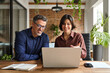 © insta_photos - Two busy happy professional business man and woman executive leaders team using laptop working on computer at work desk having conversation on financial project at meeting in office.