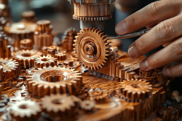 Wall Mural - A person using a set of unique wooden gears to create a functional machine, demonstrating inventive problem-solving and design. Concept of engineering creativity and innovation.