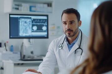 Aufkleber - A medical professional attentively examines a patient in a clean, contemporary clinic room, utilizing a stethoscope for assessment. Generative AI
