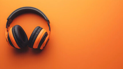 Overhead shot of podcasting equipment on an orange background, vibrant and modern,