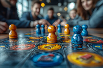 Poster - a group of friends playing a strategy board game, using creative tactics to overcome challenges and 