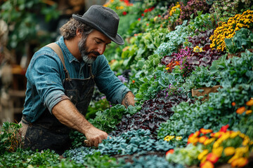 Sticker - A gardener solving planting challenges by arranging plants in an unusual pattern, illustrating unique gardening solutions. Concept of horticultural creativity and problem-solving.