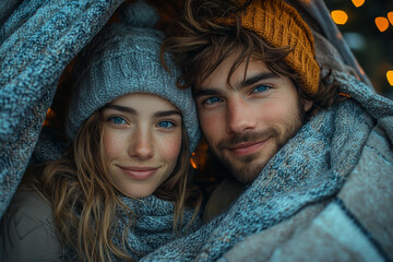 Wall Mural - A duo watching a movie under a blanket fort, finding happiness in their playful and intimate setting. Concept of fun and togetherness.