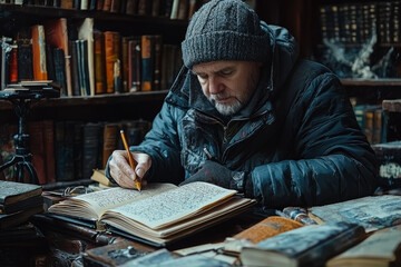 Poster - A creative writer drafting an intricate novel with a complex plot and well-developed characters. Concept of narrative intelligence and creative writing.