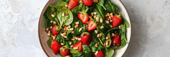 Canvas Print - Fresh Spinach, Strawberry, and Pine Nut Salad Served in a Spacious White Ceramic Bowl