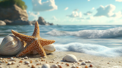 Summer Beach with Starfish and Seashells,