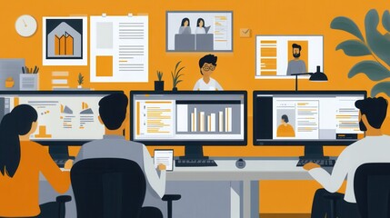 Aufkleber - A team of professionals works together, focused on their screens while engaging in a productive discussion in a collaborative space. Generative AI