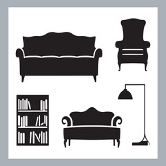 Set of house furniture silhouette Chair, sofa, table, bed, dresser, wardrobe, bookshelf, dining table, armchair, desk, cabinet vector in white background