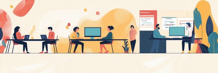 Poster - A diverse group of individuals work together at desks in a bright office space, focused on their computer screens throughout the day. Generative AI