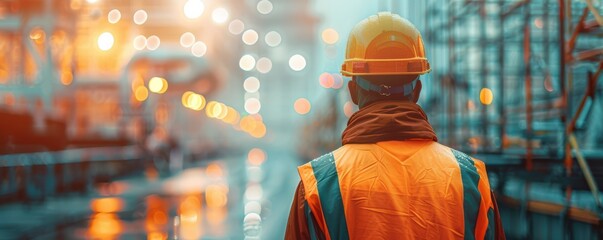 Back view of a worker wearing a safety vest and hard hat, standing on a city street with bokeh lights. Free copy space for banner.