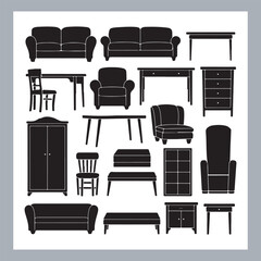 Set of house furniture silhouette Chair, sofa, table, bed, dresser, wardrobe, bookshelf, dining table, armchair, desk, cabinet vector in white background