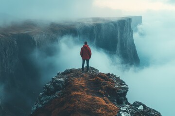 Wall Mural - Man standing on a cliff looking out over a valley, travel concept