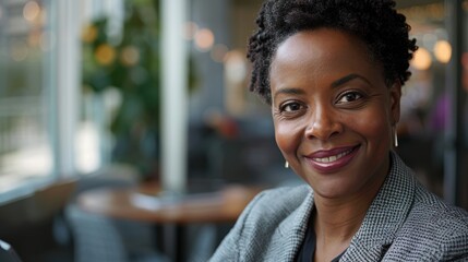 Portrait of a black woman using a tablet for online research, showcasing business leadership and management goals in a professional setting