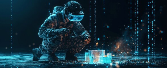 Wall Mural - Soldier in VR Gear Observing a Futuristic Cityscape