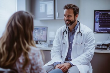 Aufkleber - A doctor dressed in a white lab coat is using a stethoscope to examine a patient with care in a modern clinic setting. Generative AI