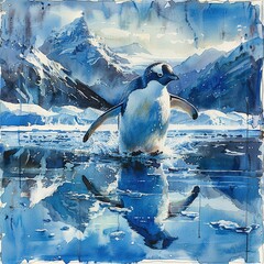 Wall Mural - Penguin in Blue Waters