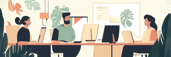 Poster - Three people focus on their computer screens in a bright office space, engaged in collaborative work and discussion. Generative AI