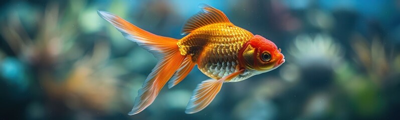 Wall Mural - Goldfish swimming in a tank with water, animal background, banner, copy space