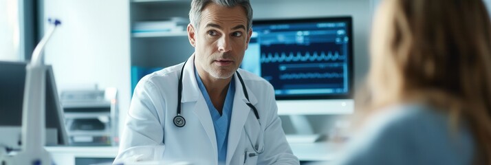 Aufkleber - A doctor in a lab coat attentively examines a patient in a clean clinic room, using a stethoscope to check health. Generative AI