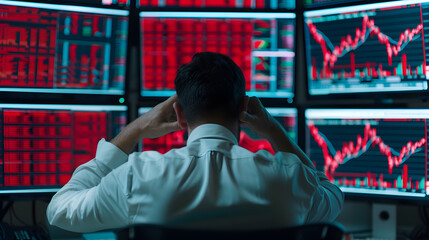 Poster - Stressed Investor Looking at Multiple Screens Displaying Stock Market Data | Financial Uncertainty and Market Volatility