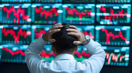 Poster - Stressed Investor Looking at Multiple Screens Displaying Stock Market Data | Financial Uncertainty and Market Volatility
