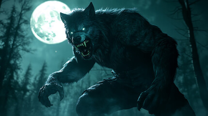 A large, menacing wolf with glowing eyes stands in front of a full moon