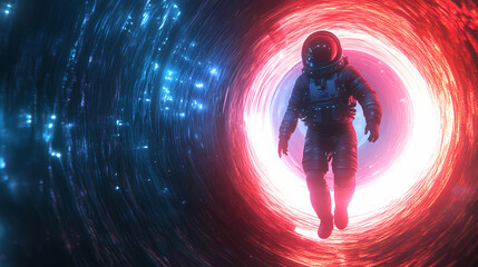 Wall Mural - exiting the void. a futuristic space astronaut exiting a glowing loop through time. conceptual 3d il