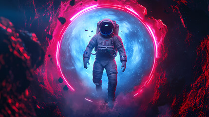 Wall Mural - exiting the void. a futuristic space astronaut exiting a glowing loop through time. conceptual 3d il