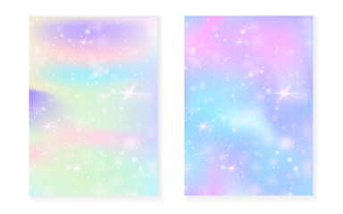 Wall Mural - Kawaii background with rainbow princess gradient. Magic unicorn hologram. Holographic fairy set. Multicolor fantasy cover. Kawaii background with sparkles and stars for cute girl party invitation.