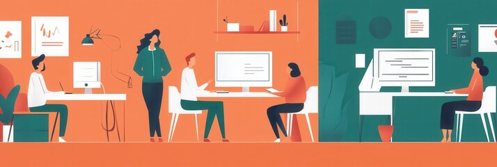 Poster - A group of individuals collaborates at computer desks, focused on their tasks and interacting in a dynamic office setting. Generative AI