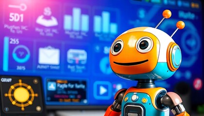 A colorful robot character with round head, large eyes, friendly expression of blue background with various digital UI UX interface elements, Artificial Intelligence Robot Bot Background generative AI