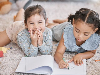 Poster - Children, playing and drawing in sketchbook for fun, hobby and entertainment in home for education. Young people, kids and learning for youth development, growth and creativity as siblings in bonding