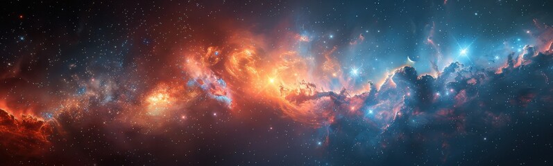 Wall Mural - starry sky with a bright orange and blue nebula, banner, copy space