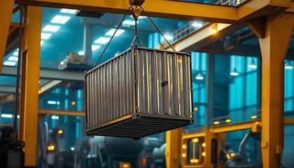 industrial crane lifting a large metal container in  factory setting, with glowing orange lights and machinery visible in the background created with generative ai.