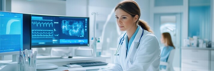 Aufkleber - A doctor provides attentive care to a patient using a stethoscope in a clean and contemporary clinic environment. Generative AI