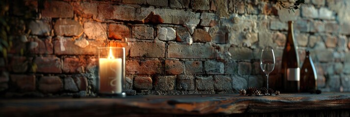 Poster - candle lamp in a dim cellar featuring an aged brick wall