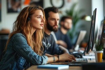 Poster - A woman focuses on her screen, while others engage with computers in a vibrant office setting filled with greenery. Generative AI