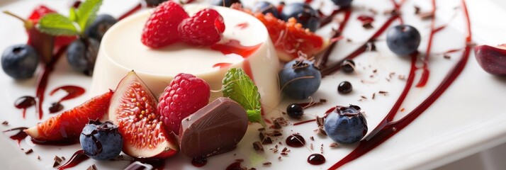 Wall Mural - Creamy Italian Panna Cotta with Blueberries, Figs, Raspberries, Strawberries, and Chocolate Garnish on a Plate