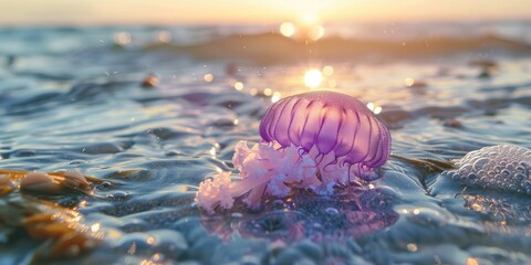 Wall Mural - Close up of a tiny purple jellyfish Pelagia noctiluca swimming in shallow water on a bright spring day