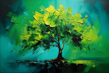 Colorful tree artwork with expressive brushwork on canvas